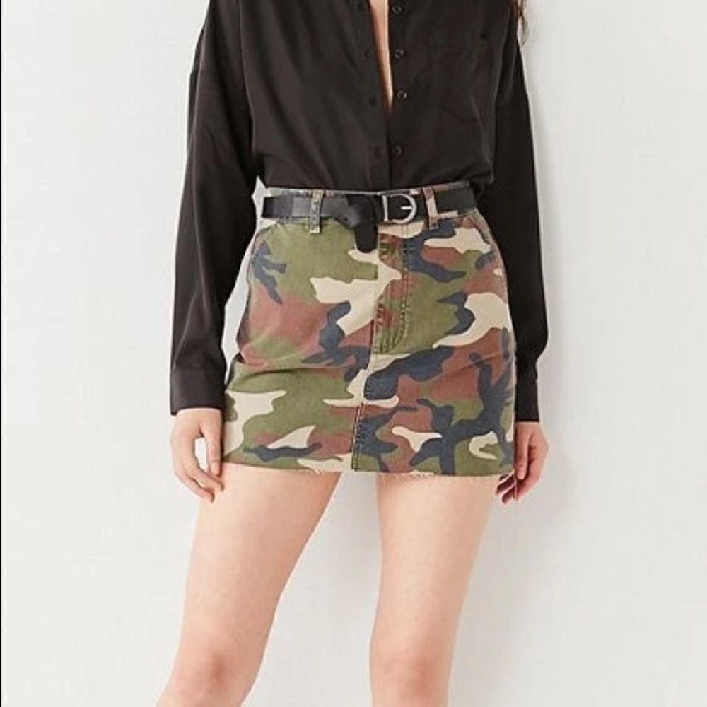 BDG Brown & Green Camo Raw Hem Denim Mini Skirt